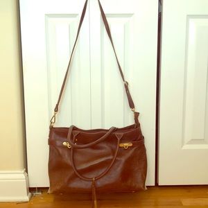 Long brown leather tote